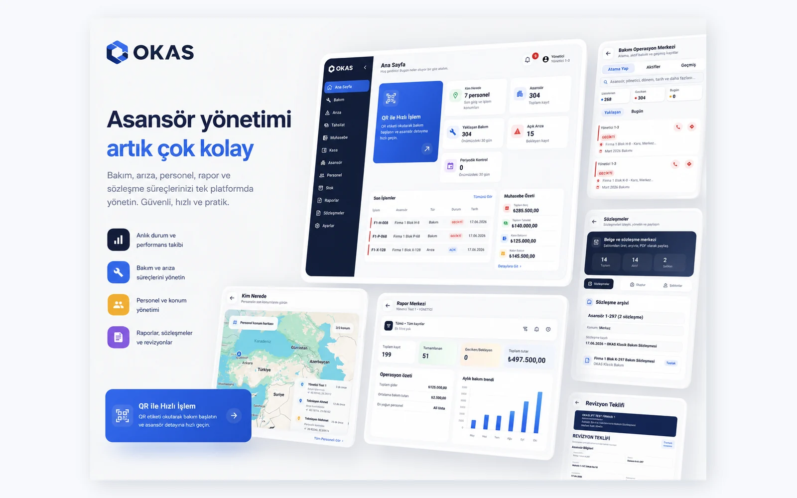OKAS asansör bakım takip ve yönetim yazılımı ana paneli