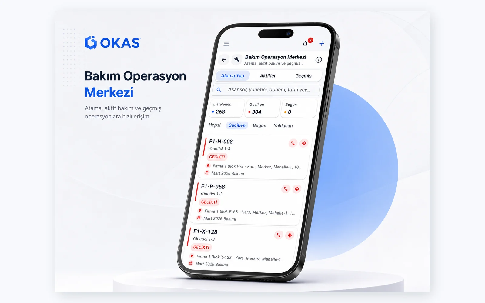 OKAS mobil asansör bakım takip ekranı